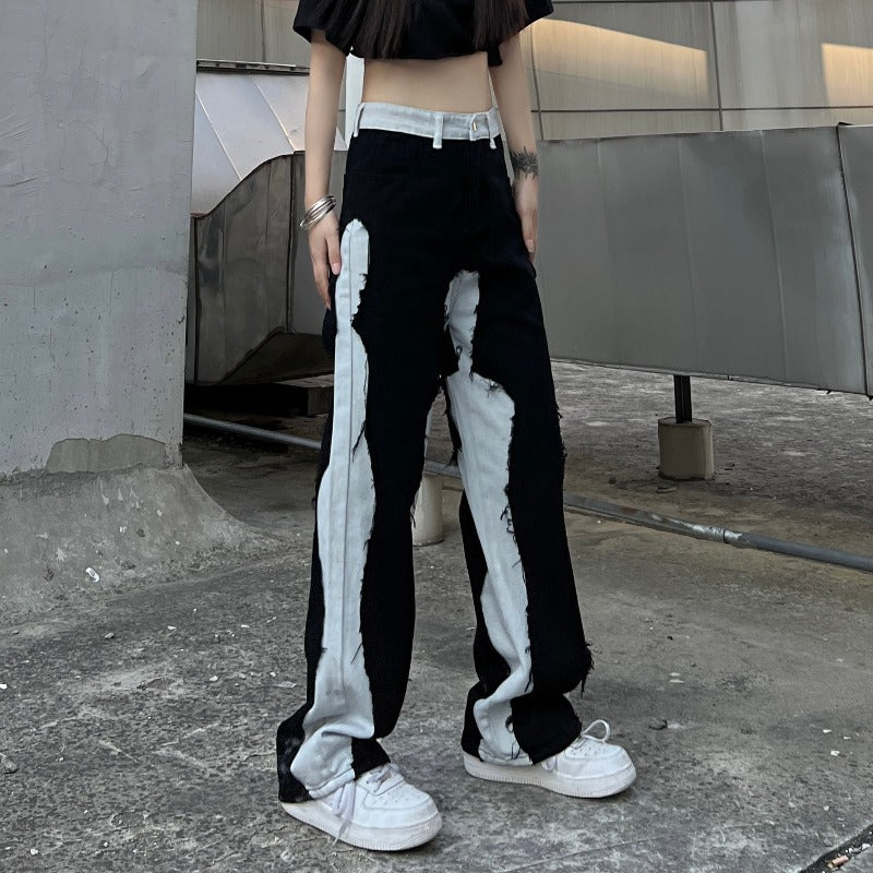 Color Block Distressed Patchwork Straight Pants - nightcity clothing