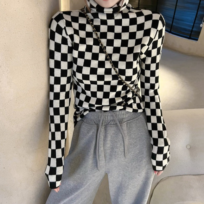 Slim High Neck Checkerboard Long Sleeve Top - nightcity clothing