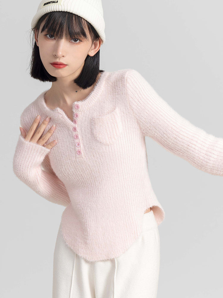 Fuzzy Skinny Ribbed Half Button Top