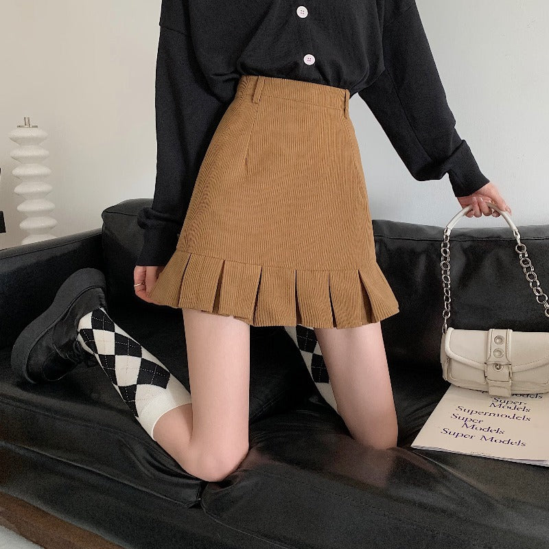 Pleated Flare Hem Corduroy Mini Skirt - nightcity clothing