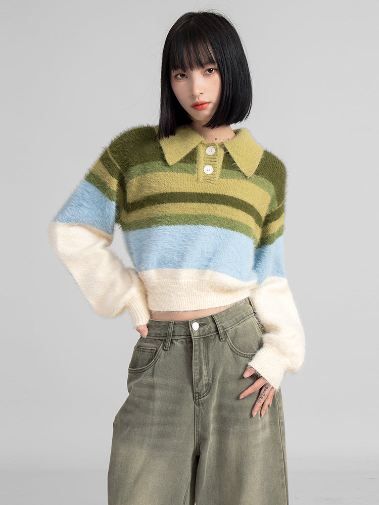 Ribbed Trim Stripe Cropped Fuzzy Sweater