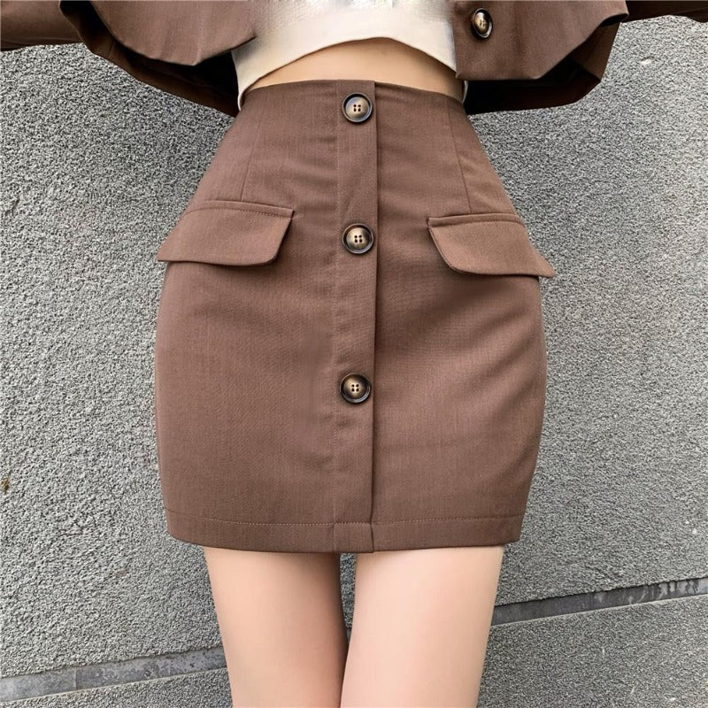 Slim Cropped Blazer and Button Down Pencil Skirt Two-Piece Set - nightcity clothing