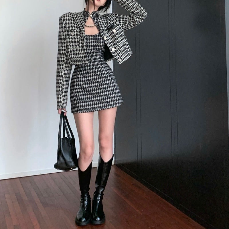 Cropped Houndstooth Blazer and Halter-Neck Mini Dress Two-Piece Set - nightcity clothing
