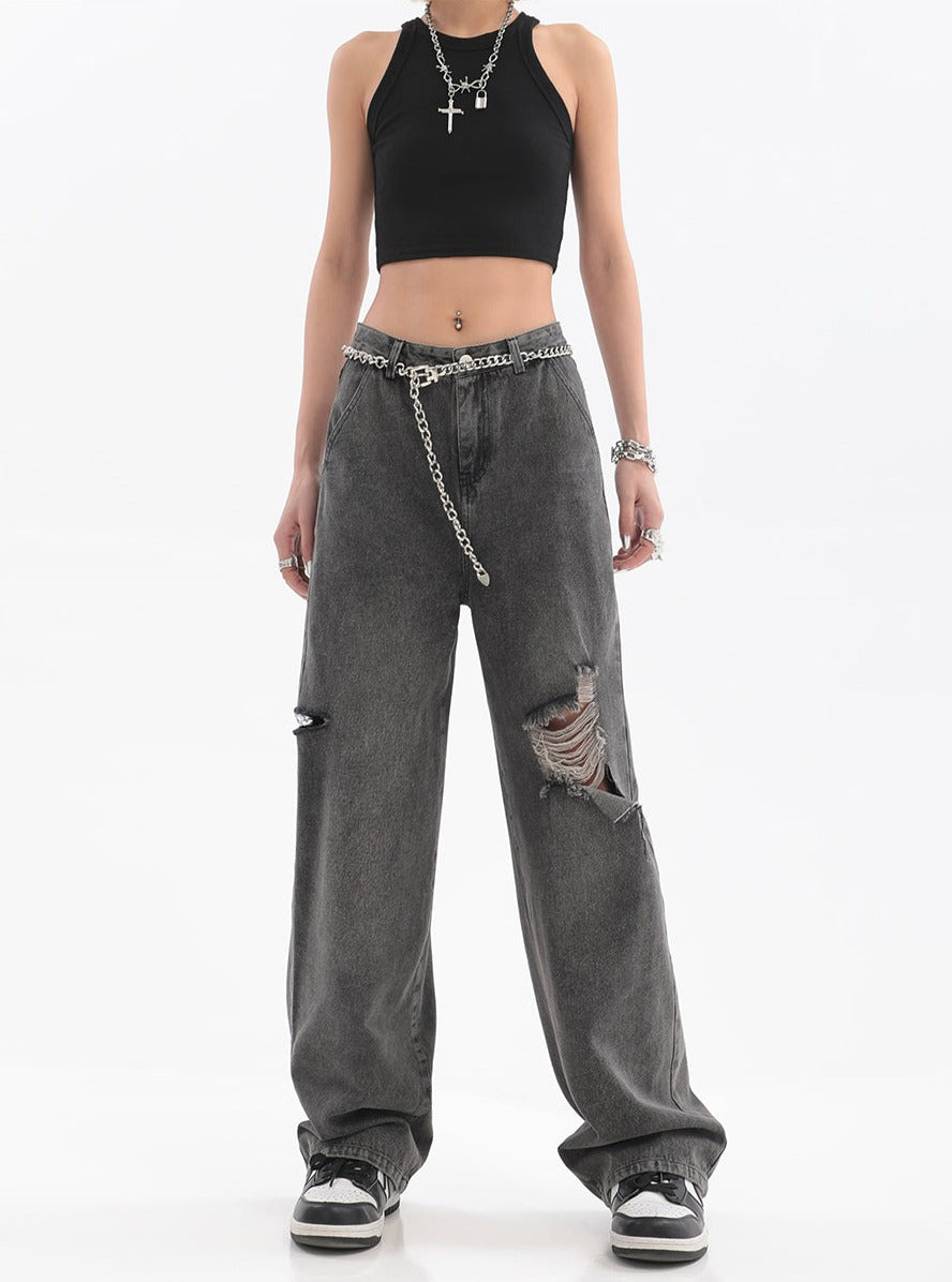Distressed Faded Jeans with Chain Belt
