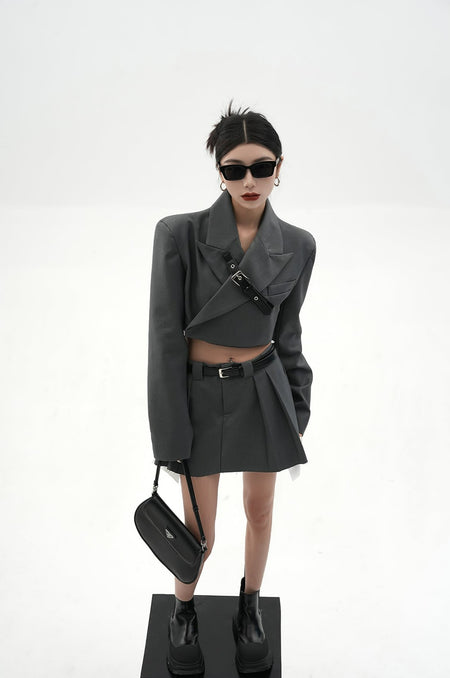 Cropped Blazer with Collar Belt Strap and Pleated Mini Skirt Two-Piece Set - nightcity clothing