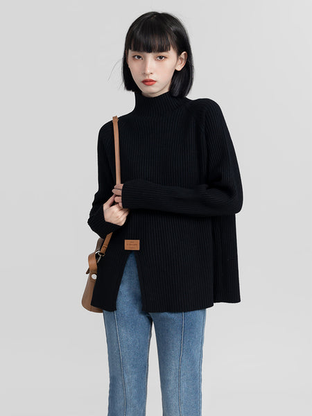 High Collar Split Hem Ribbed Sweater