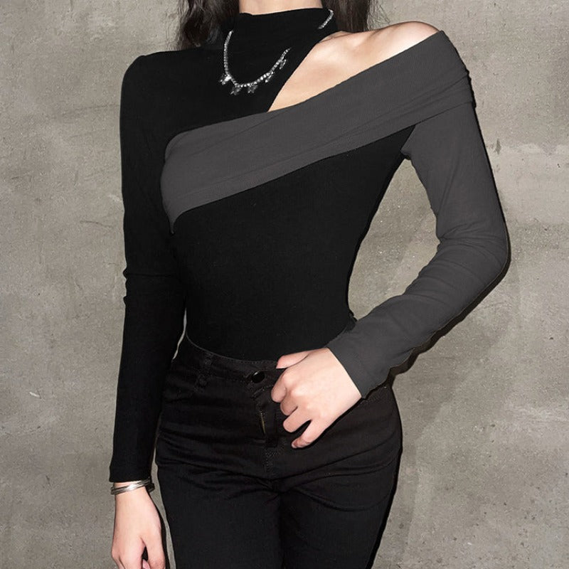 Color Block Asymmetric Cold Shoulder Long Sleeve Top - nightcity clothing