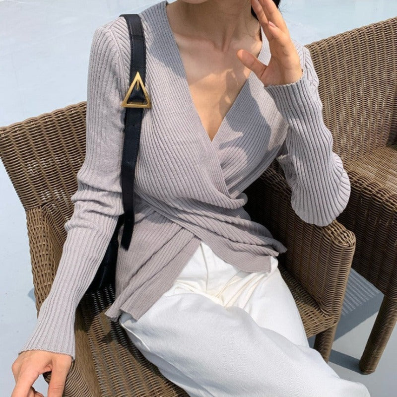 Skinny Criss-Cross Ribbed Asymmetric Knit Top - nightcity clothing