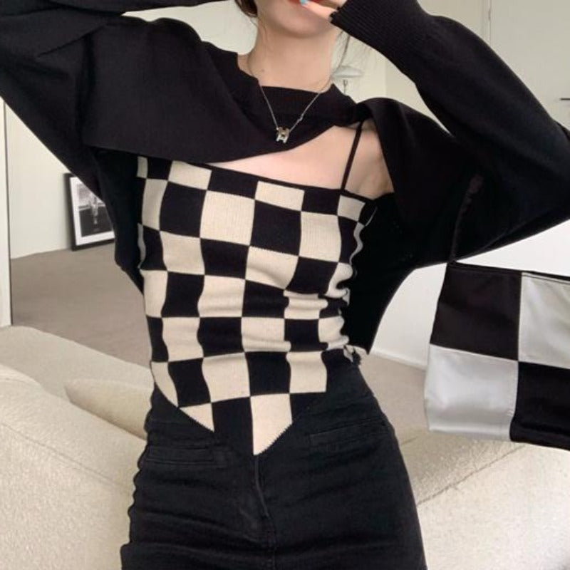 Asymmetric Cut-Out Shrug and Checkerboard Cami Two-Piece Set - nightcity clothing