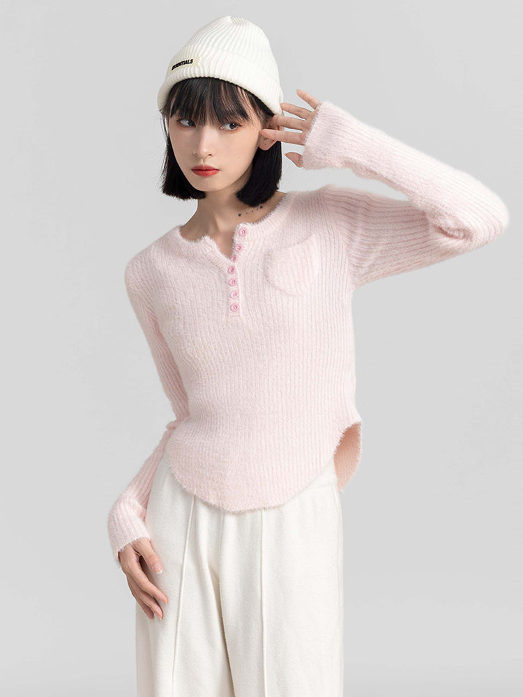 Fuzzy Skinny Ribbed Half Button Top