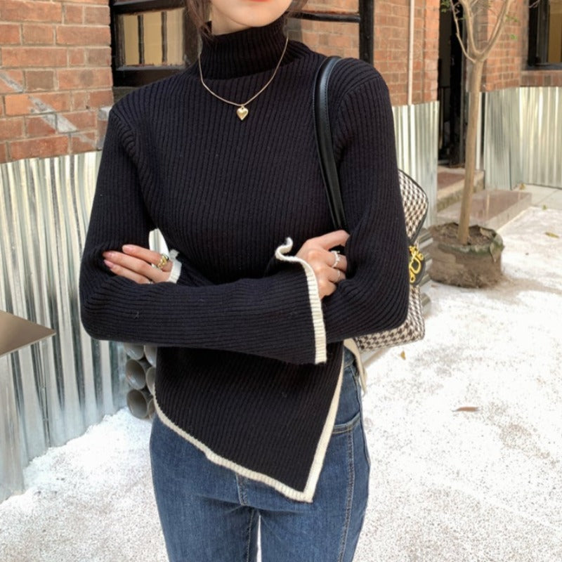 Extra-Slim Asymmetric Semi-Turtleneck Sweater with Striped Edges - nightcity clothing