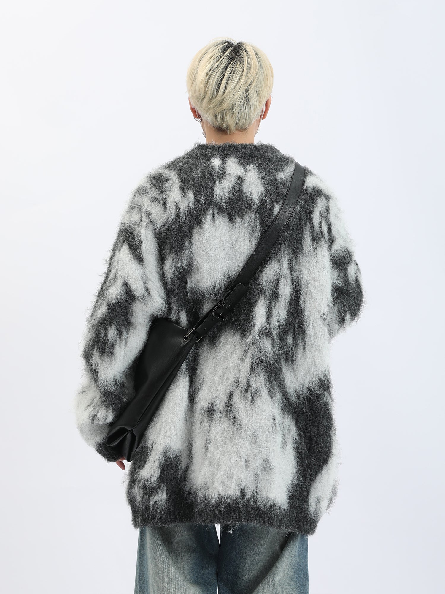 Ribbed Trim Abstract Print Fuzzy Mohair Sweater