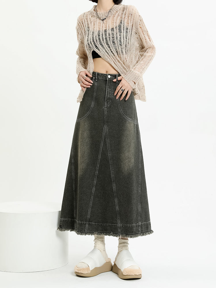 Distressed Hem Faded Denim Midi Skirt