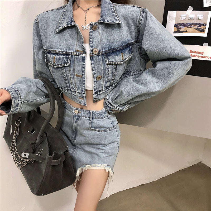 Cropped Denim Button Jacket and Asymmetric Distressed Mini Skirt Two-Piece Set