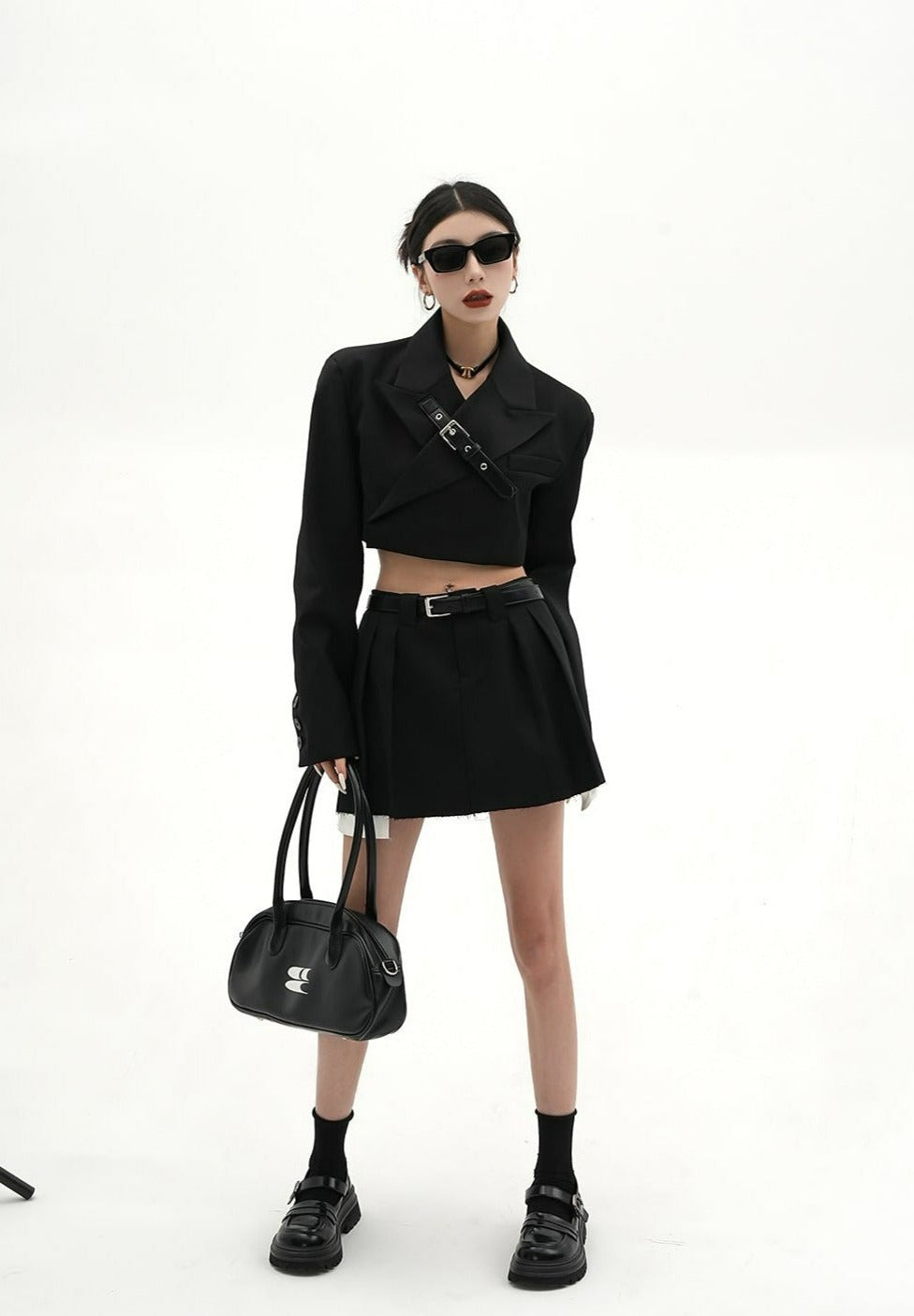 Cropped Blazer with Collar Belt Strap and Pleated Mini Skirt Two-Piece Set