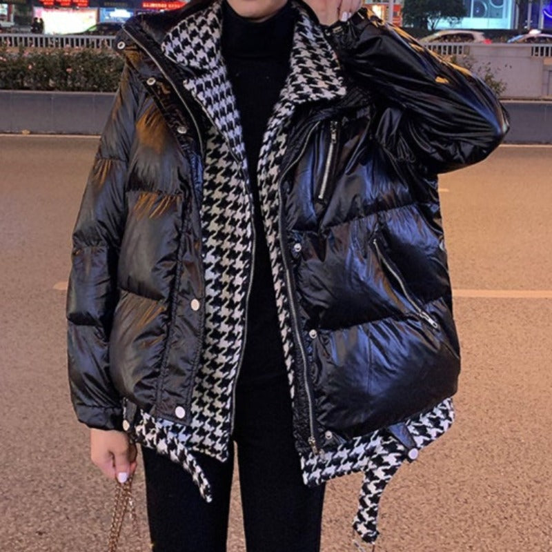 Mock-Layered Houndstooth Faux Leather Puffer Jacket - nightcity clothing
