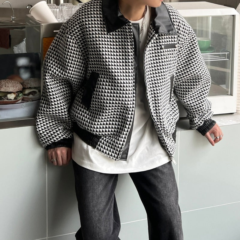 Oversized Check Pattern Collared Bomber Jacket