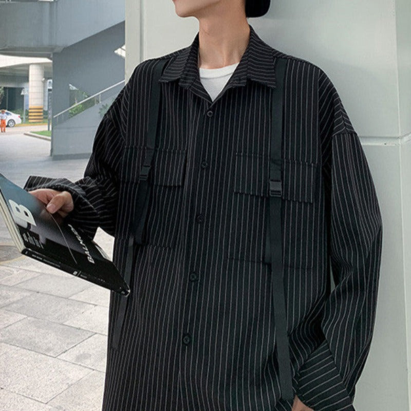 Oversized Flap Pocket Pinstripe Shirt with Straps - nightcity clothing