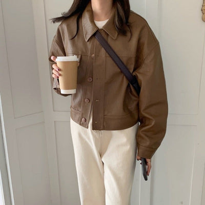 Slim Faux Leather Cropped Button Jacket