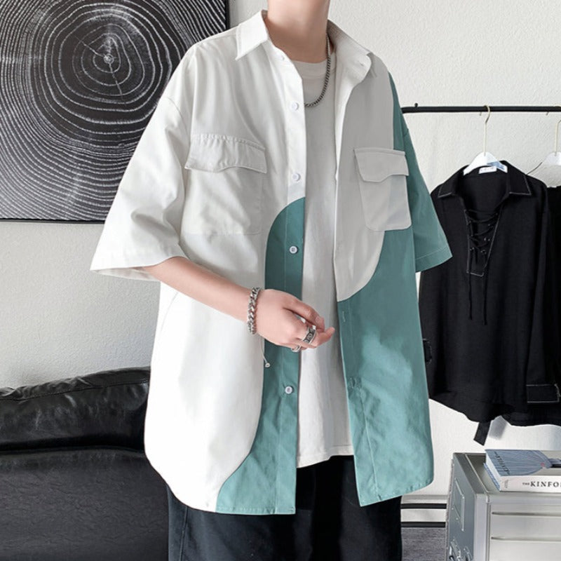 Oversized Color Block Patchwork Short Sleeve Shirt - nightcity clothing