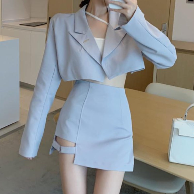 Cropped Blazer with Crop Top and Asymmetric Pencil Skirt Three-Piece Set - nightcity clothing