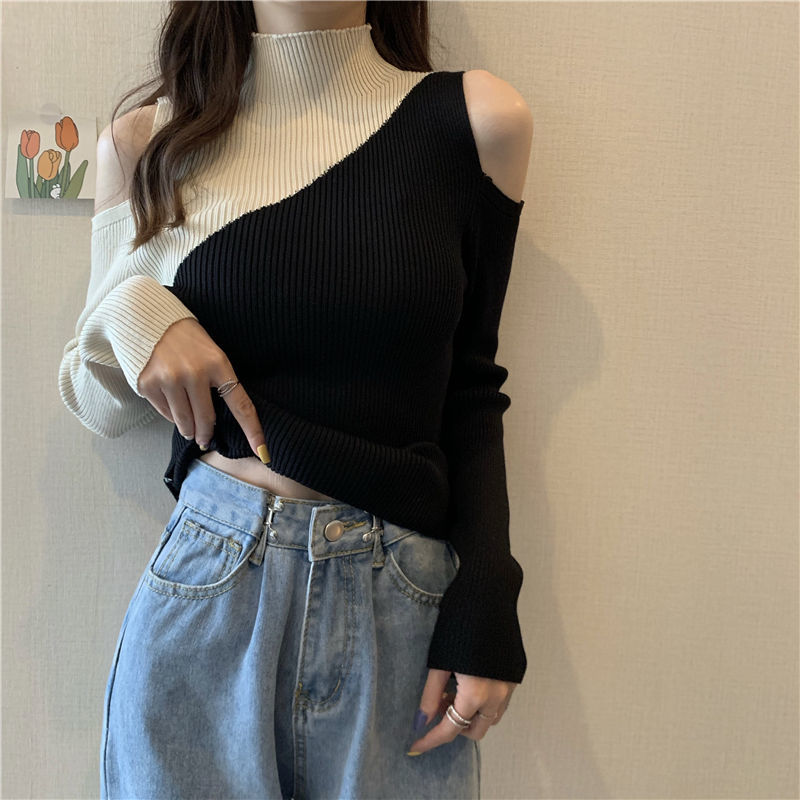 Color Block Cold Shoulder High Neck Long Sleeve Top - nightcity clothing