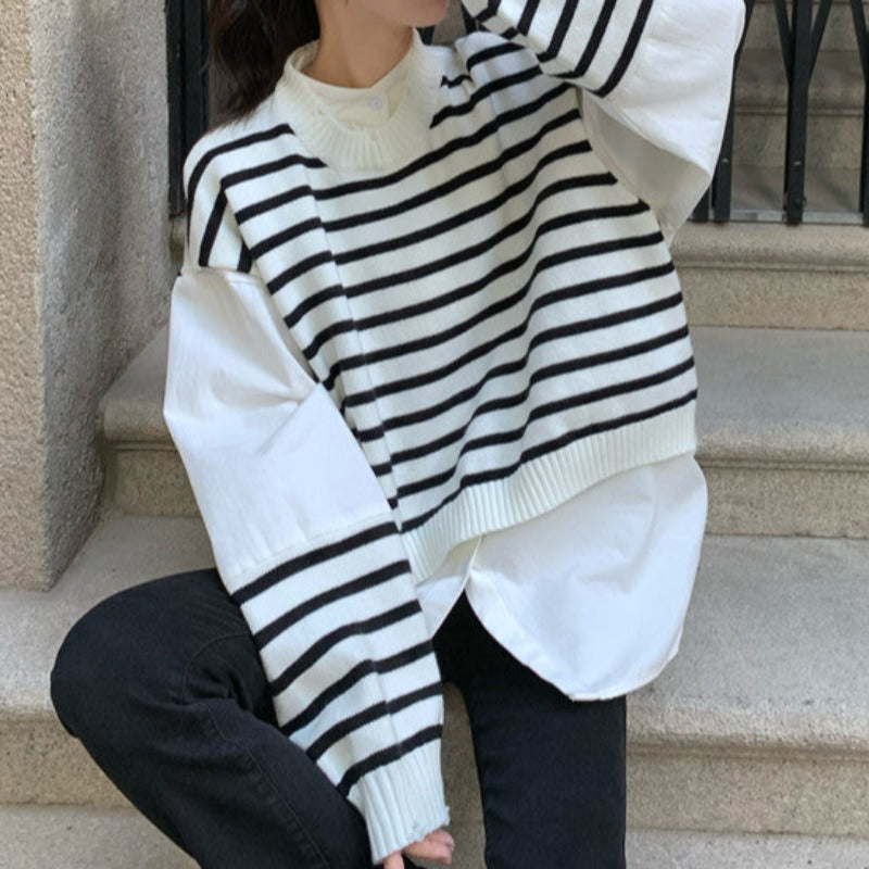 Oversized Mock Two-Piece Stripe Long Sleeve Top - nightcity clothing