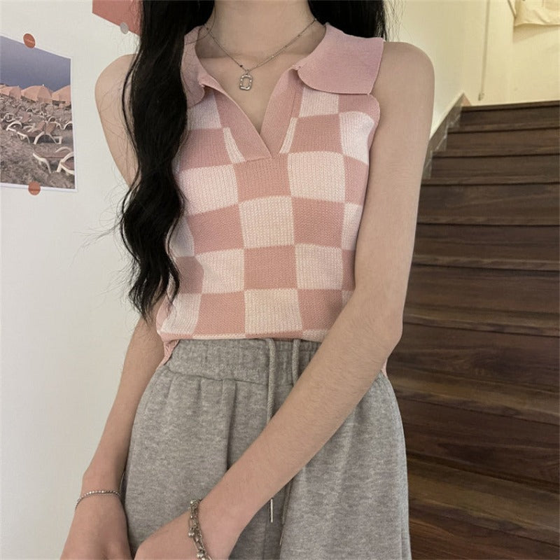 Skinny Checkerboard Sleeveless Knit Collared Top - nightcity clothing