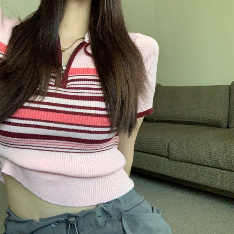 Stripe Half Zip Ribbed Top