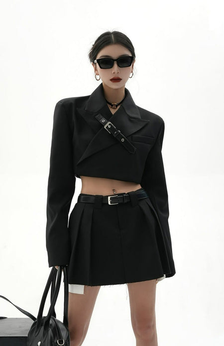 Cropped Blazer with Collar Belt Strap and Pleated Mini Skirt Two-Piece Set - nightcity clothing
