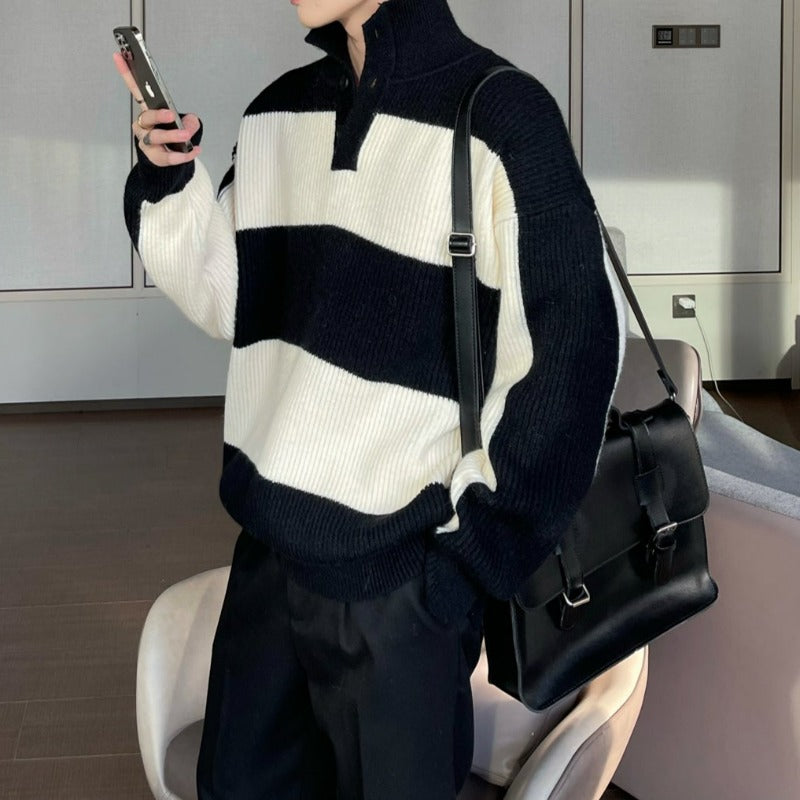 Stripe High Neck Oversized Knit Pullover