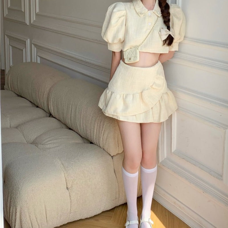 Puff Sleeve Crop Top and Ruffle Mini Skirt Two-Piece Set - nightcity clothing
