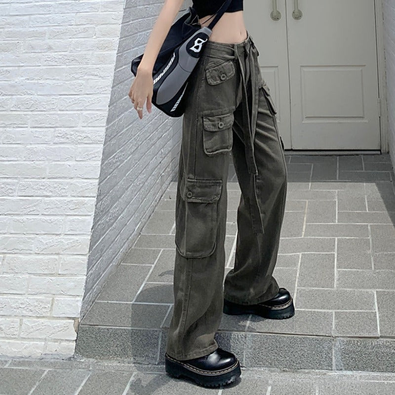 Multi Pocket Wide Leg Pants with Belt Tie - nightcity clothing
