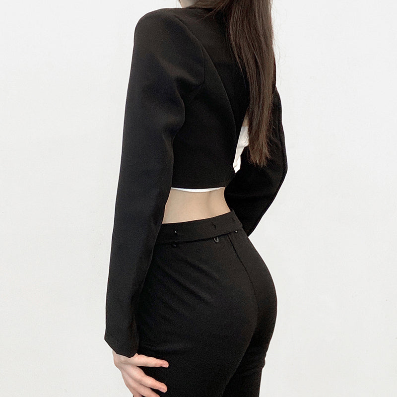 Asymmetric Lapel Cut-Out Cropped Blazer with Strap - nightcity clothing