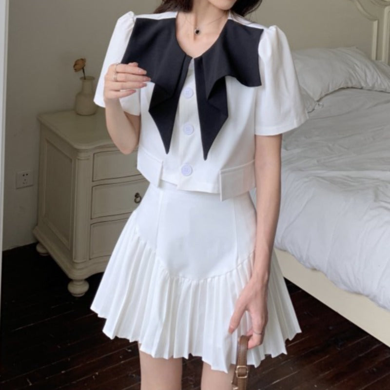 Sailor Collar Lightweight Cropped Blazer and Pleated Skirt Two-Piece Set - nightcity clothing