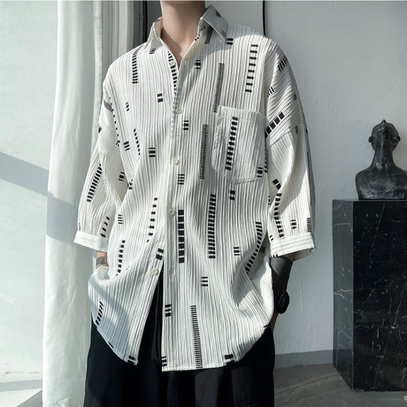 Oversized Abstract Print Crimped Button Shirt - nightcity clothing