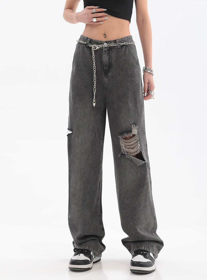Distressed Faded Jeans with Chain Belt