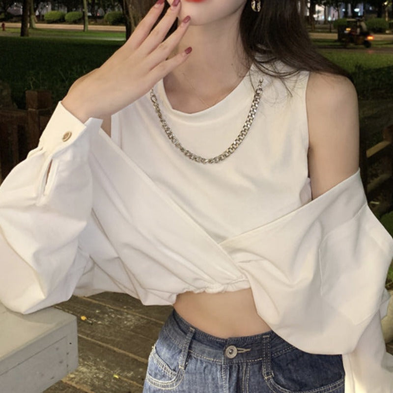 Off-Shoulder Asymmetric Mock Layer Blouse and Accessorized Tank Top - nightcity clothing