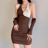 Patchwork Halter Mini Bodycon Dress with Removable Sleeves - nightcity clothing