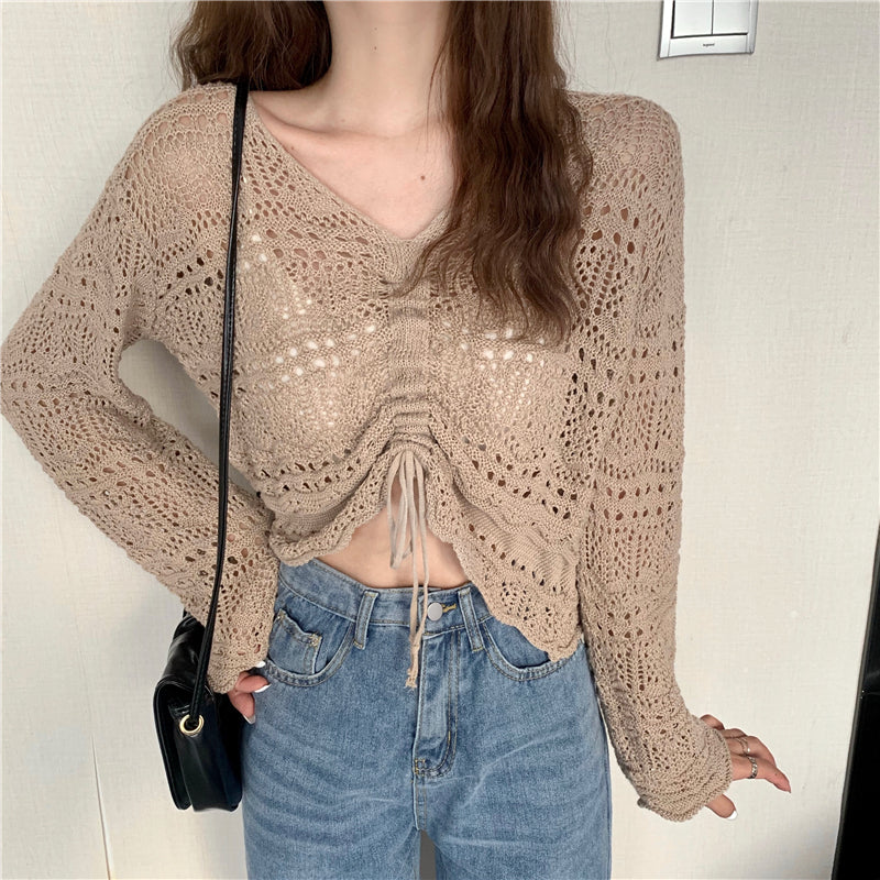 Ruched Crochet Long Sleeve Crop Top - nightcity clothing