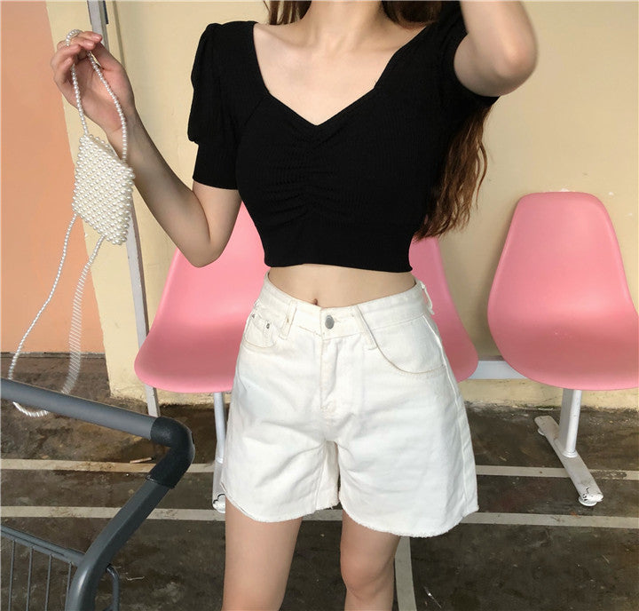 Skinny Ruched Ribbed Short Sleeve Crop Top - nightcity clothing