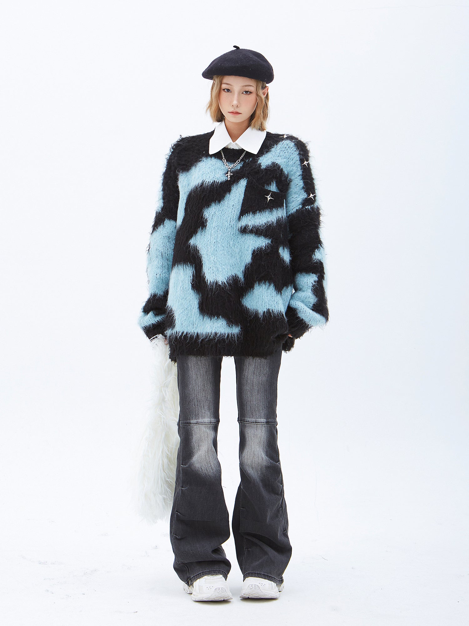 Fuzzy Abstract Oversized Mohair Sweater with Star Accessory