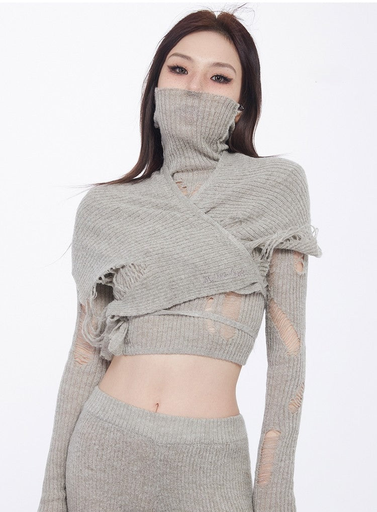 Distressed Knit Long Sleeve Crop Top and Flare Layered Pants Two-Piece Set