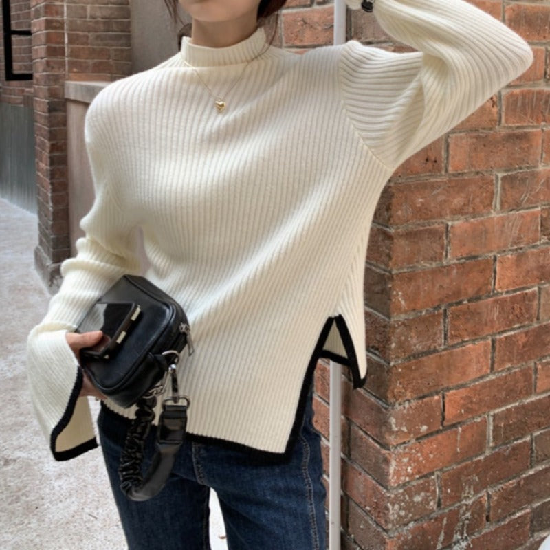 Extra-Slim Asymmetric Semi-Turtleneck Sweater with Striped Edges - nightcity clothing