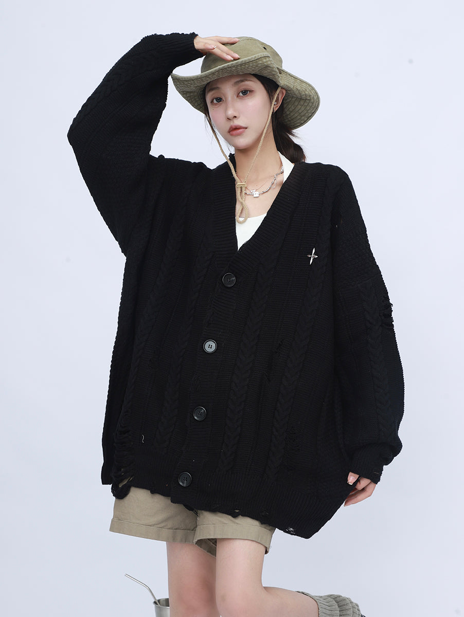 Oversized Distressed Knit Cardigan - nightcity clothing