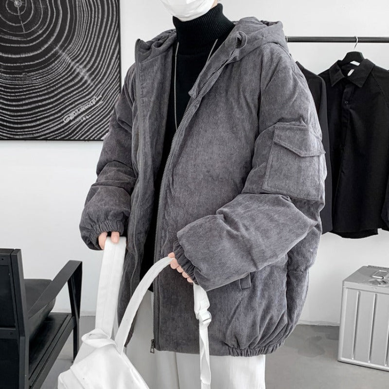 Corduroy Hooded Puffer Jacket with Sleeve Pocket - nightcity clothing