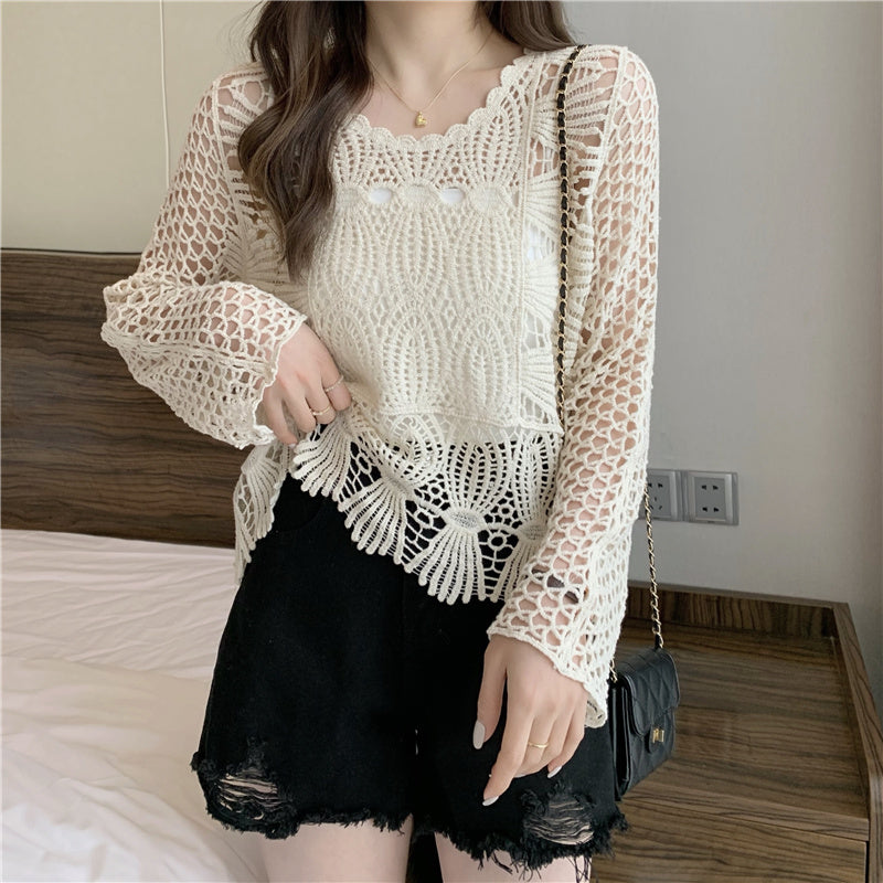 Asymmetric Crochet Long Sleeve Top - nightcity clothing