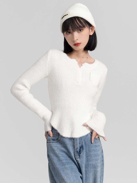 Fuzzy Skinny Ribbed Half Button Top - nightcity clothing
