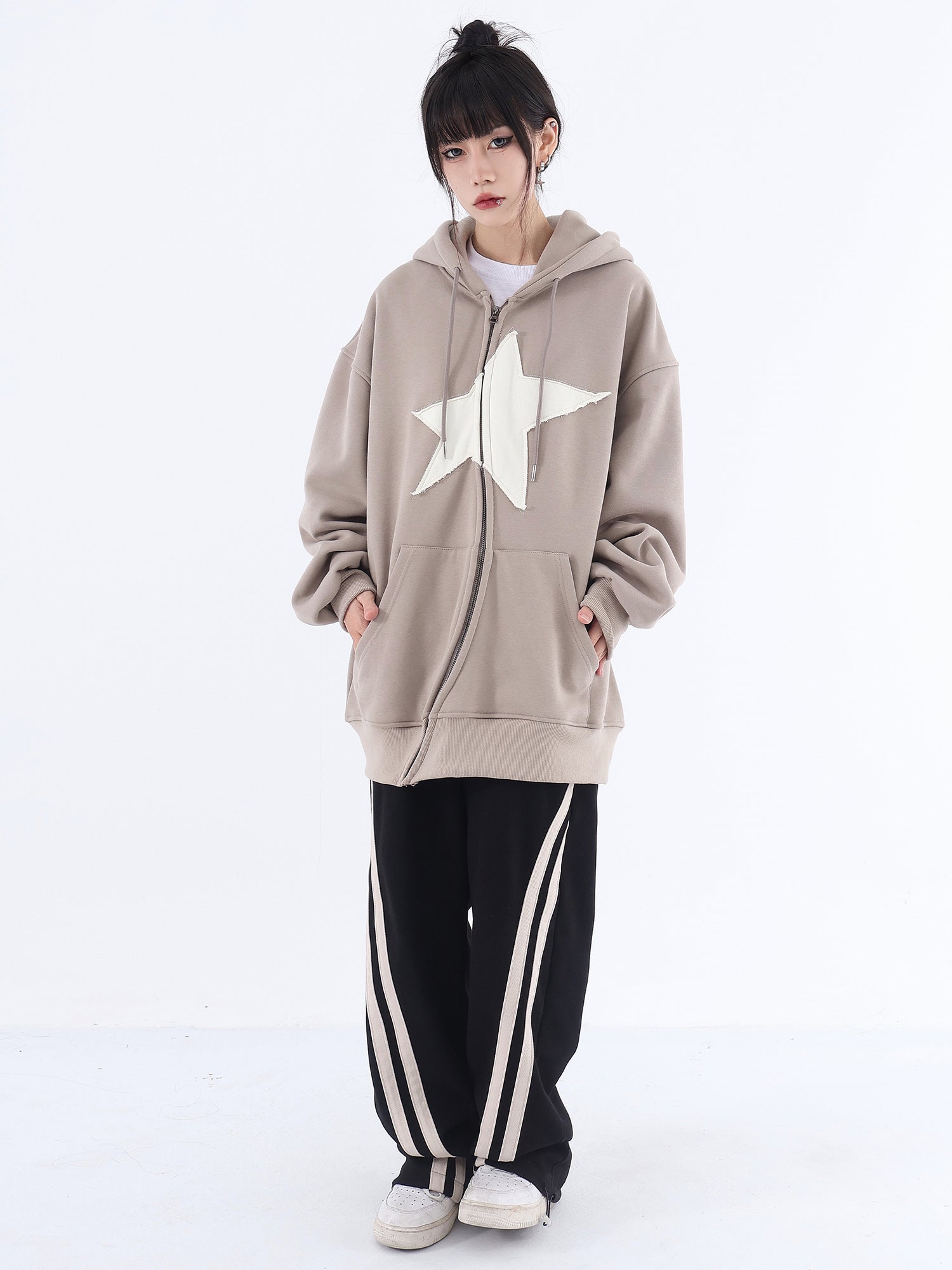 Asymmetric Zip Star Oversized Hoodie