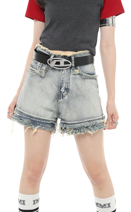 Distressed Hem Denim Shorts